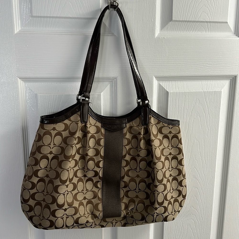Coach purse SignatureStripe 12cm Devin Shoulder Tote Handbag